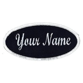 Oval Name Patch Uniform Work Shirt Custom Embroidery, Midnight/White Border Script, Iron On