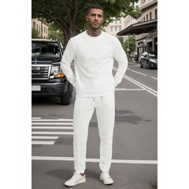 UOUA Men's 2 Piece Sweat Suits Set Long Sleeve Sweatshirt Jogging Sweatpants Tracksuits Outfits White L