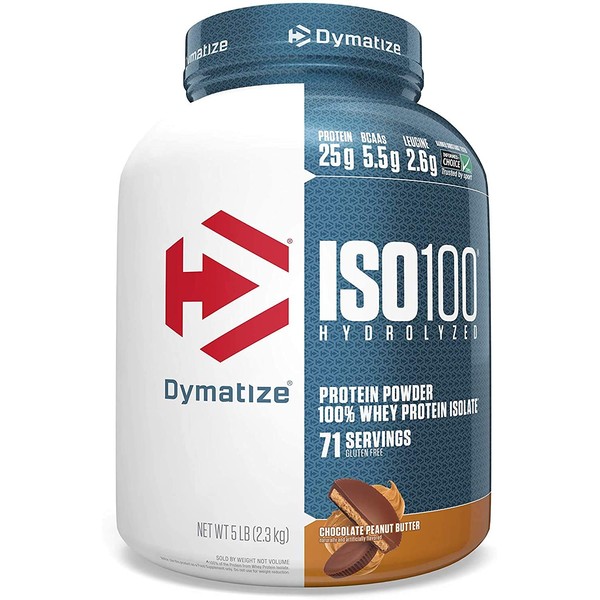 Dymatize ISO100 Hydrolyzed Protein Powder, 100% Whey Isolate Protein, 25g of Protein, 5.5g BCAAs, Gluten Free, Fast Absorbing, Easy Digesting, Chocolate Peanut Butter, 5 Pound