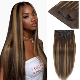 IDN BEAUTY Seamless Clip In Hair Extensions Human Hair 4/27/4 Balayage Chocolate Brown to Caramel Blonde Straight Seamless Clip Ins For Black Women PU Weft Invisible Edge 110g 14 Inch 7pcs