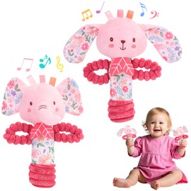 Baby Toys 0-6 Months,Pink Baby Sensory Toys with Educational Bells,2 Pack Soft Plush Animal Rattle Toys for Babies 0 3 6 9 Months Newborn Baby Grils Boys Gift（Elephant,Bunny）