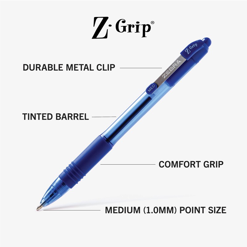 Zebra Pen Z-Grip Retractable Ballpoint Pen, Smooth-Flowing Blue Ink, 1.0mm