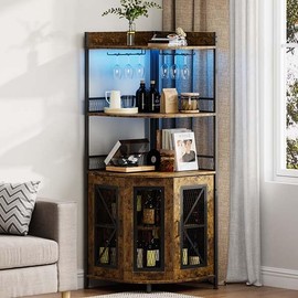 JoanKaren Corner Bar Cabinet with Power Outlet and LED Light, Bar Cabinet for Home Bar, Industrial Corner Shelf with Wine Storage, 5-Tiers Corner Liquor Cabinet for Home, Living Room, Kitchen