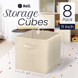 Reli. 11 Inch Cube Storage Bins (8 Pack) | Cube Organizer Bins | 11x11 Fabric Storage Boxes | Collapsible, Foldable Fabric Cubby Box (Square) | Kids Room Organization (Beige)