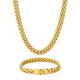 KRKC&CO Mens Hip Hop Jewelry Set, 8mm/10mm 18k Cuban Link Curb Chains and Bracelets, Solid No Tarnish Necklace, Durable Street-wear Hip Hop Chains for Men (8mm, 18k Gold(22"+8"))