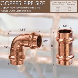 Copper Press Fittings 1/2inch Copper Coupling with Stop&Copper 90 degree Elbow with 1/2 Inch PxP, 1/2” 6PKPress Fittings Coupling with Stop+6PK 90 Degree Elbow,OD 5/8",Use with Hydraulic Press Fitting
