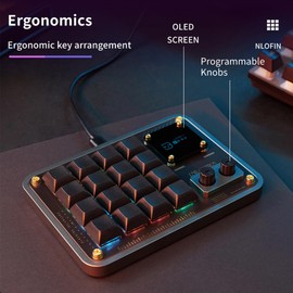 NLOFIN Double Knob Custom Macro Pad Programmable Designer Mini Keyboard 16 Keys with Screen (Black,KB16)