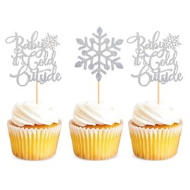 Keaziu Paquete de 24 adornos de copo de nieve para bebés con texto en inglés "Baby It's Cold Out", copos de nieve, palillos para magdalenas de invierno con diseño de copo de nieve, para baby shower, Navidad, fiesta de Navidad, suministros de decoración d
