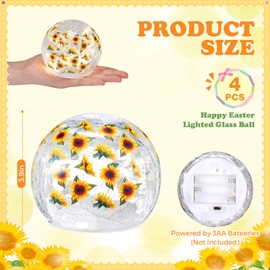 Rossesay 4 Pcs Sunflower Lighted Decorative Glass Ball 3.9 Inch Waterproof Yellow Floral Crackle LED Lights for Garden Glass Globe LED Lamp Battery Operated for Outdoor Indoor Party Decoration Gift