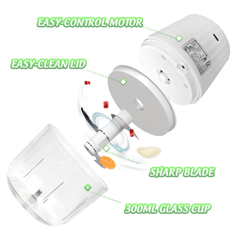 Luniquz Mini Electric Garlic Chopper 300ML GLASS Food Processor Cordless