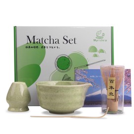 Myrthra 4PCS Japanese Matcha Whisk Set, Matcha Bowl with Spout, Ceramic Holder, Bamboo Whisk(Chasen), Bamboo Scoop for Tea Lover Tea Ceremony(Jade)