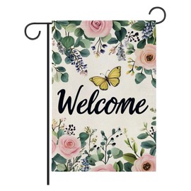 MYUSRE Pink Floral Garden Flag Rustic Green Eucalyptus and Flower Butterfly Double Sided Burlap Welcome Garden Flag for Home Porch Yard Outdoor Decor, 12 x 18 inches