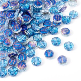 FASHEWELRY 100pcs 10mm Blue Flat Round Glass Vowel Letter Beads A E I O U Initial Letter Beads UV Plated Electroplated Glass Alphabet Beads for DIY Jewelry Making