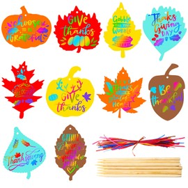 Kasyat 60 Pieces Thanksgiving Scratch Paper Art Set, Fall Scratch Craft Art Colorful Fall Leaves with 60 Pcs Colored Ribbons 10 Pcs Sticks for Autumn