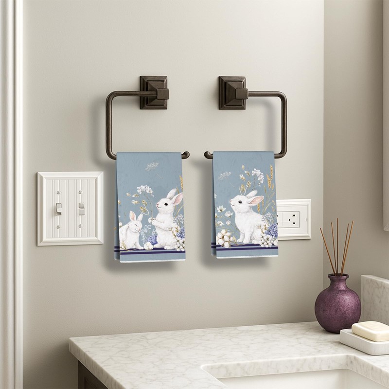 Siilues Easter Kitchen Towels, Blue Floral Bunny Happy Easter Dish