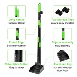 twocorn Non-Breakable Pooper Scooper, Dog Pooper Scooper Tray & Rake Set with Adjustable Stainless Steel Long Handle for Large Medium Small Dogs (Green)