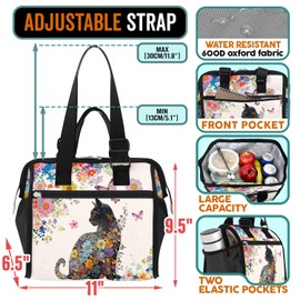 84hoods Insulated Lunch Bag for Women. Gift for Cat Lovers. Large Lunch Box for Work Office Travel Picnic with Adjustable Strap. Flower Pattern.