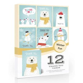 Olivia Samuel 12 x Winter Thank You Cards Folding Style MultiPack - Winter Fun Set with Envelopes
