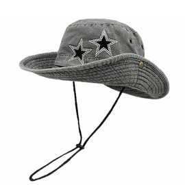 Jeans Denim Cowboy Hat for Women Y2k Crystal Star Washed Bucket Hat with String Sun Cap Foldable Safari Boonie Hat
