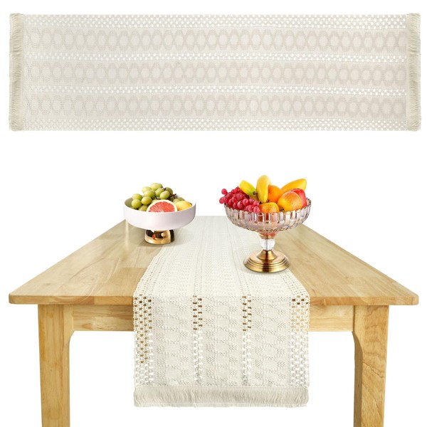 2Pcs Macrame Table Runner, 30x180cm Beige Boho Rustic Table Runner