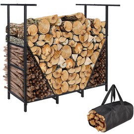 HONEST OUTFITTERS 4ft Firewood Rack Outdoor, Adjustable Heavy Duty Firewood Holder, Adjustable Wood Racks for Outdoor Indoor, Metal Log Racks for Firewood with Firewood Bag Carrier, Black