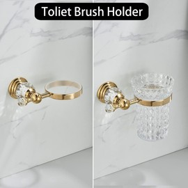 WOLIBEER Crystal Toilet Brush Holder, Polished Gold Brush Handle with Replaceable Brush Head, Stainless Steel Bathroom Cleaning Set Wall Mounted