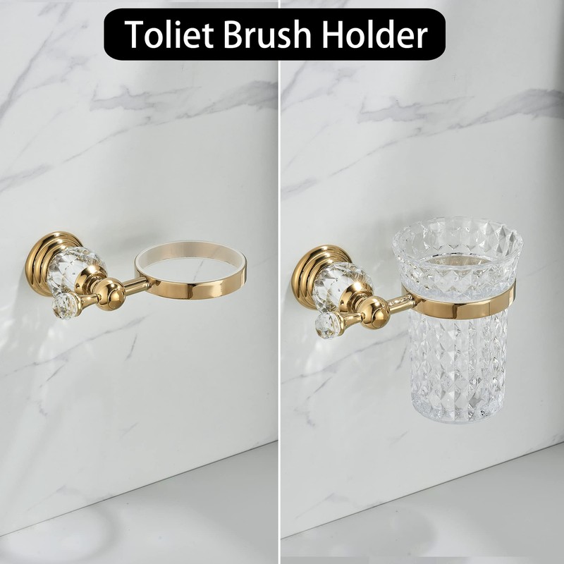 WOLIBEER Crystal Toilet Brush Holder, Polished Gold Brush Handle with