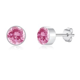 Cangall Silver Studs Earrings for Women, 925 Sterling Silver Stud Earrings with Pink Cubic Zircon, Hypoallergenic 6mm Small Cartilage Sleeper Silver Stud Earrings Jewelry Gift for Xmas Birthday