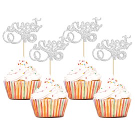 24 piezas de decoración para magdalenas Happy Sweet 16 con purpurina, 16 años, 16 años, decoraciones para magdalenas de 16 años, suministros de decoración para tartas de 16 años, color plateado