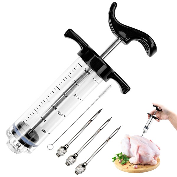 Avesteir 30ml with 3 Stainless Needles and 1 Kitchen Food Syringe Brush, High Quality Black Plastic Injector for Turkey Beef Chicken Turkey Meat Roast Barbecue