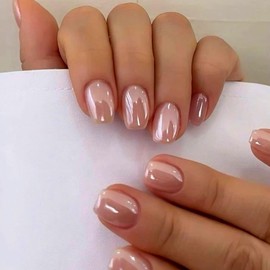 Nude Press On Nails Short - KQueenest Chrome Press On Nails Square, Sparkly Fake Nails Press ons, Bling Glazed Glue on Nails Short Coffin, Cute Shiny False Nail Gel Stick On Nails for Women Weddings