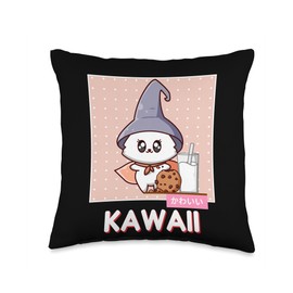Kawaii Cute Witch Cat Milk And Cookie Anime Cute Witch Cat Cookie and Milk Kawaii Aesthetic Throw Pillow, 16x16, Multicolor