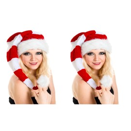Ciffre Set of 2 Long Christmas Hats Santa Hat White Red Striped Plush Edge Santa Hat X24