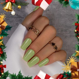 KQueenest Olive Green Press On Nails Medium Long Square - Christmas Press On Nails with Glue, Coffin Fake Nails Press ons, Glossy Opaque Moss Green, Reusable Soft Gel Glue on Nails for Women, 24 Pcs