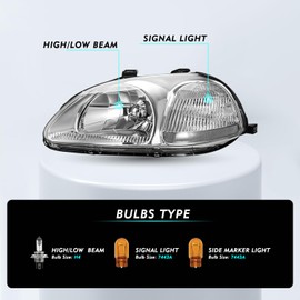 TUSDAR Headlight Assembly Set Compatible with 1996 1997 1998 Honda Civic Driver & Passenger Side (Chrome Housing with Clear Reflector)
