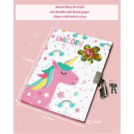 Girls' Diary with Lock, 17.8 x 13.5 cm, 80 Lined Sheets, Shakeable Sequin Unicorn Notebook, Girls, Children, Diary for Writing, Teenagers, Gifts, Girls & Boys, 6, 7, 8, 9, 10, 12 Years