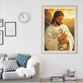 F-CANLAN Round Full Drill Diamond Painting Set, 5D DIY Shepherd Jesus Diamond Art Kits Jesus Diamond Art Painting by Numbers for Adult Beginner Diamond Painting with Gem Room Decor (12X16 inches)
