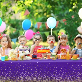 LIKAJON 2 Pack Purple and Gold Dot Tablecloth, Purple Plastic Table Cloths for Parties Disposable, 54x108 in Waterproof Rectangular Purple Camping Tablecloth for Birthday Party Graduation Picnic