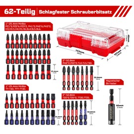 GEINXURN 62-Piece Screwdriver Bit Set Made of Impact-Resistant, S2 Steel, Magnetic Torx, Phillips, Pozidriv, Slotted, Hex Head Bit Set, 1/4 Inch Hex Shank, Includes Bit Holder with Red Storage Box