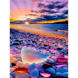 5D Diamond Painting Beach Heart Sunset, DIY Diamond Art Kit for Adults, Crystal Beads Pictures for Gluing, Cross Stitch Embroidery Set for Wall Decor, Painting by Numbers for Beginners (30 x 40 cm)