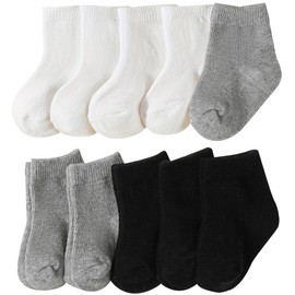 QIYIENDIAN 10 Pairs Baby Crew Socks Soft Cotton Elastic Solid Colours Socks for Unisex Toddler Boys Girls, Black / white / grey