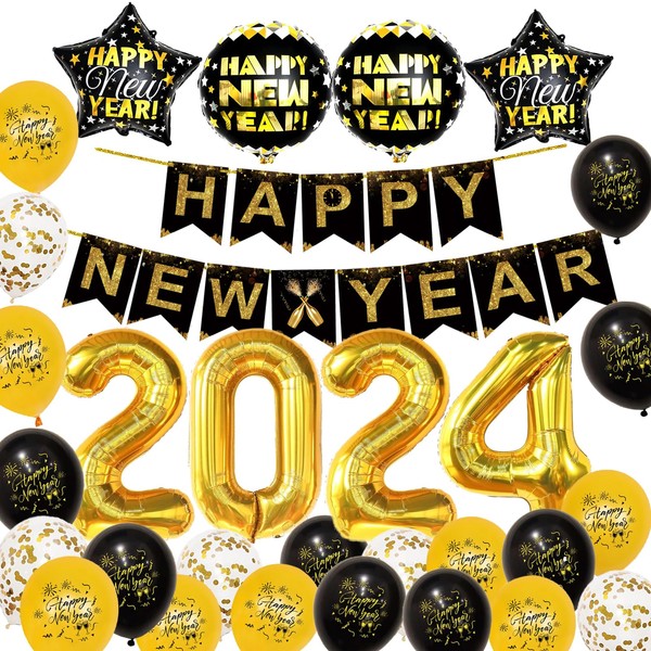 Happy New Year Decorations 2024 Set-Huge 2024 Gold Foil Number Balloons, Happy New Year Banner Black and Gold Latex Balloons, New Years Eve Party Supplies 2024 for Home Office Decorations