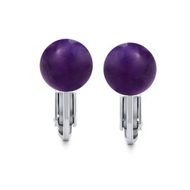 Gemstone Purple Amethyst Round Ball Stud Clip On Earrings For Women Non Piercing .925 Sterling Silver February Birthstone