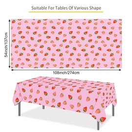 PHOGARY 2 PCS Strawberry Tablecloth for Strawberry Party Decorations, Disposable Plastic Rectangle Strawberry Table Cloth for Kids Girls Strawberry Birthday Decorations Strawberry Baby Shower 54"X108"