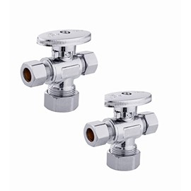 (Pack of 2) 1/4 Turn Dual Compression Outlet Angle Stop Valve, 1/2" NOM (5/8" OD) x (3/8 inch x 3/8 inch) Chrome