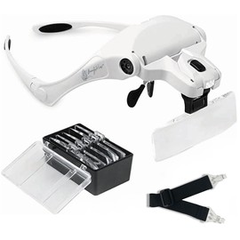 BeautyPros Magnifying Glasses with 2 LED Lights, Headband Magnifier with 5 Interchangeable Lenses 1X, 1.5X, 2X, 2.5X 3.5X - Hands Free Headband Magnifier for Close Work and Eyelash Extensions