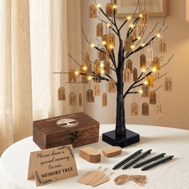 Vicenpal Memory Tree Guest Book Alternative Set with LED Light, Wooden Keepsake Box & 50 Hanging Tags, Wedding Funeral Celebration of Life Graduation Party Decorations