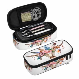 Yekiua Bull's Head Pencil Case Watercolor Fashion Cow Skull Boho Peony Flowers Feathers Big Capacity Pencil Pouch Office College Makeup Bag Colorful