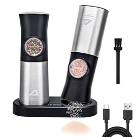Electric Salt and Pepper Grinder Set, ABLEGRID Automatic Pepper Mill Refillable, Gravity Salt Grinder, One Hand Operation, Coarseness Adjustable, Rechargeable Base, LED Lighting, Dust Cap, 2 Pack