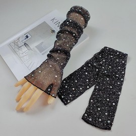 Women's Long Fingerless Sheer Gloves Rhinestone Elbow Length Mesh Tulle Arm Sleeves for Opera Wedding Prom Party A/Black